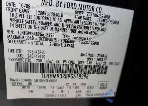 2009 Lincoln Mks z USA, uszkodzony, nr VIN 1LNHM93R89G618298